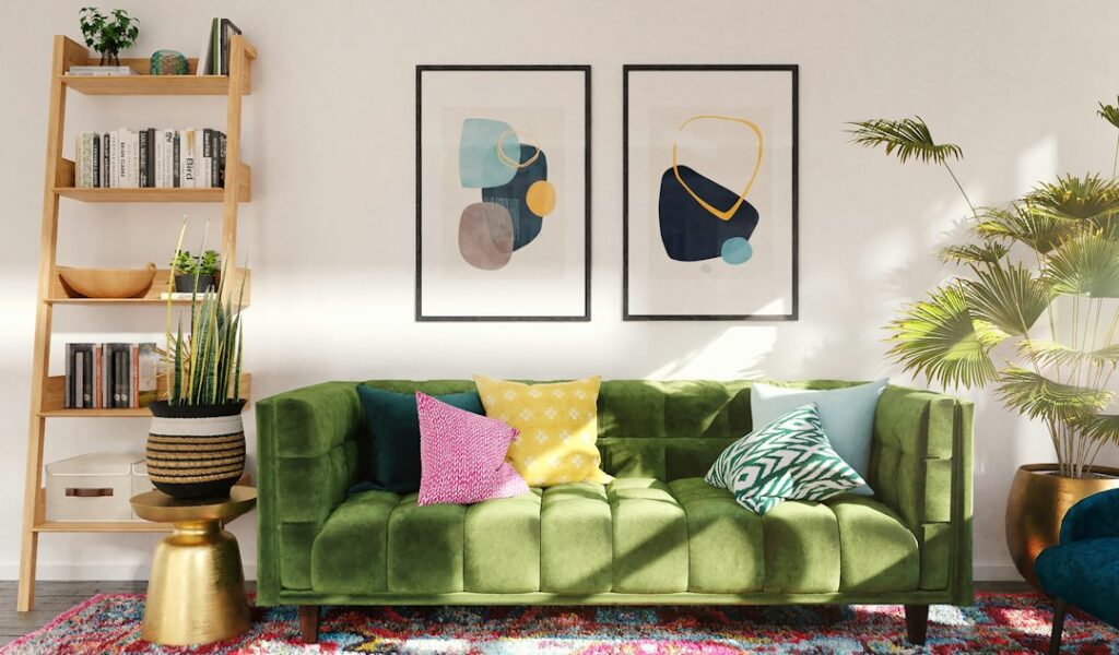 Pared decorada con cuadros y estantes en una sala acogedora