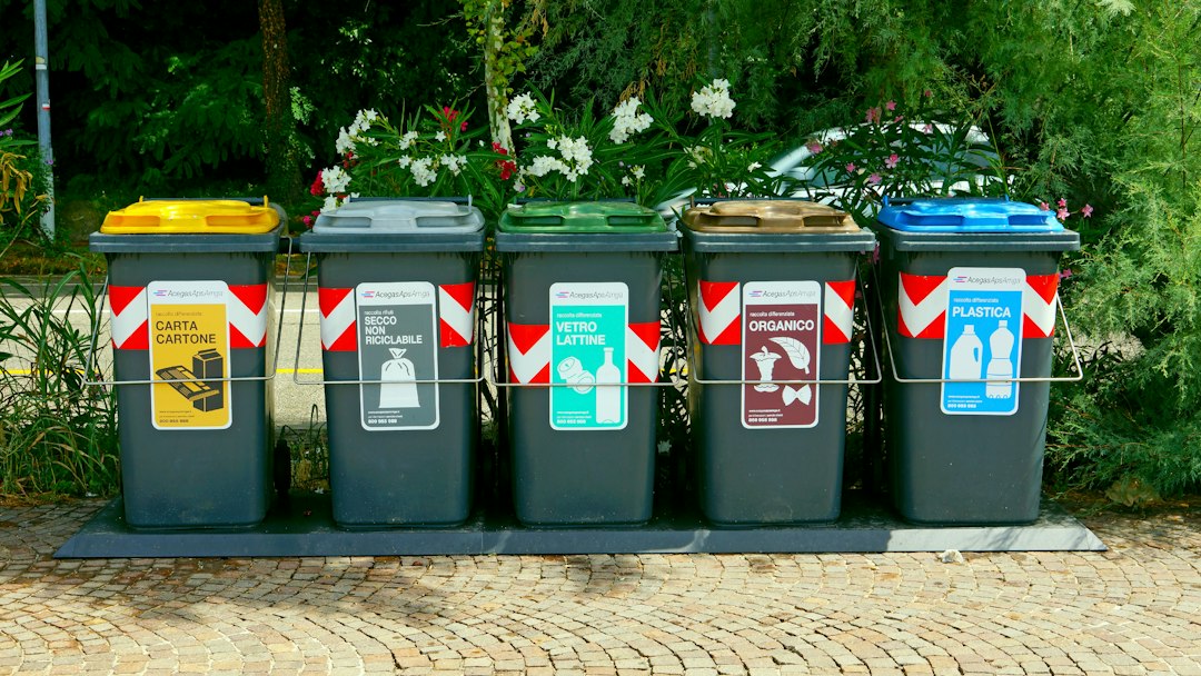 Contenedores de reciclaje identificados con etiquetas