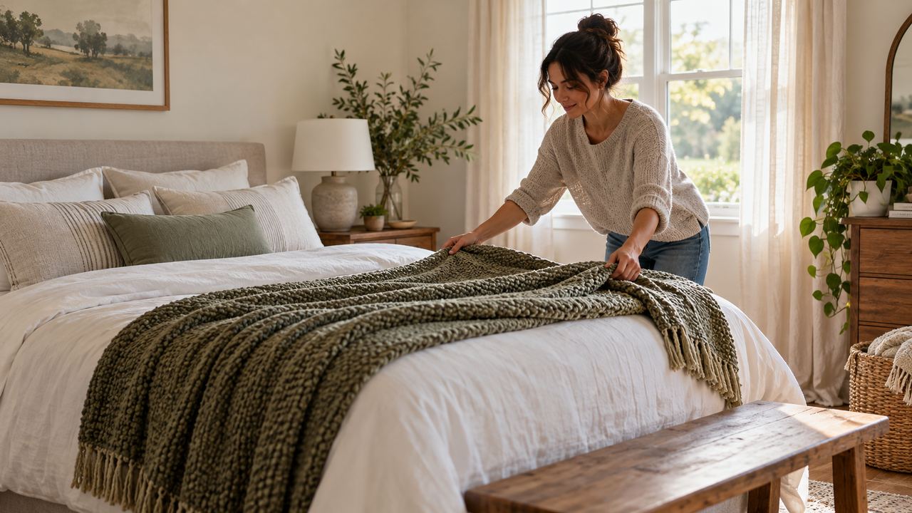 Ropa de cama neutra y manta de textura para renovar el dormitorio