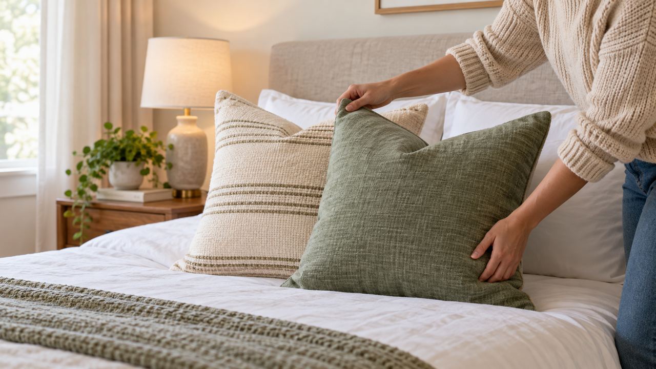 Dos cojines complementarios acomodados sobre una cama sencilla