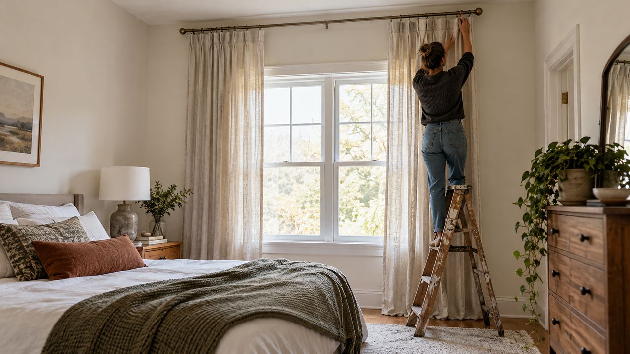 Cortinas largas colocadas cerca del techo para dar altura
