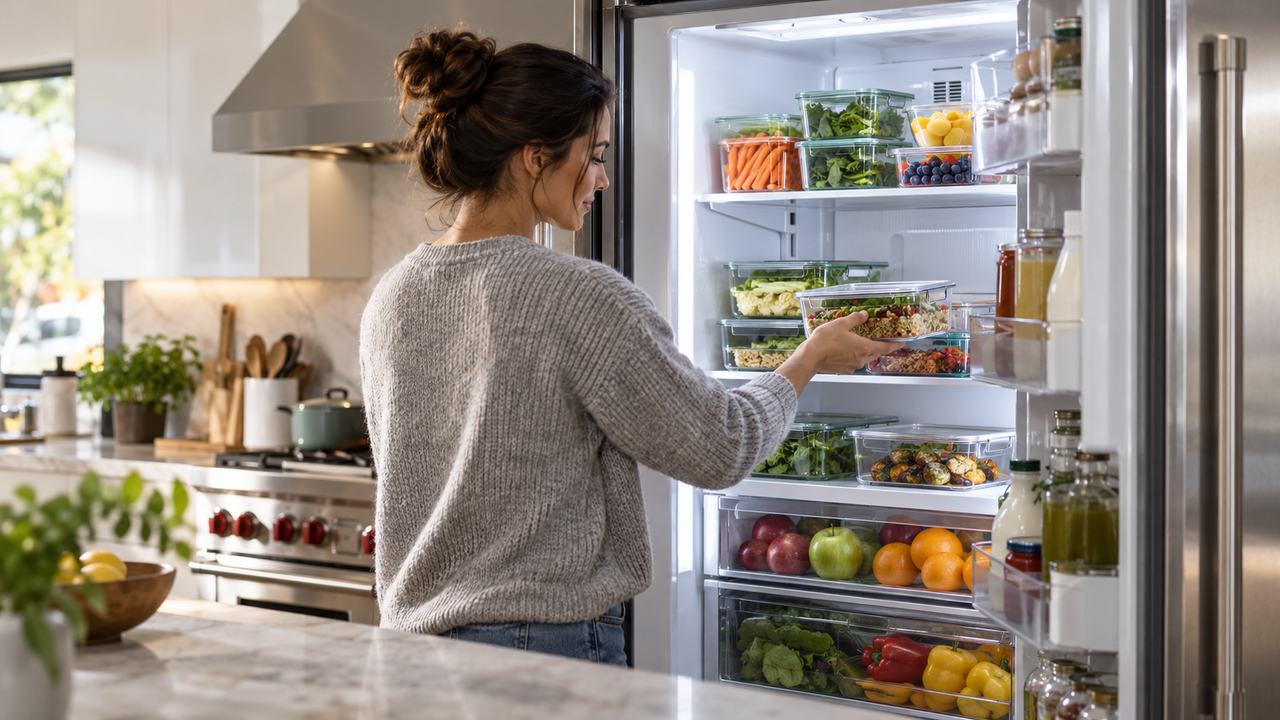Refrigerador organizado para localizar alimentos y cerrar pronto la puerta