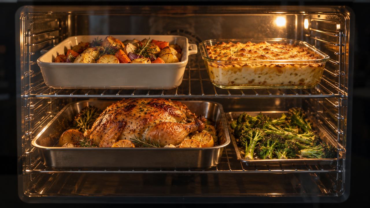 Varias preparaciones cocinándose juntas en dos rejillas del horno