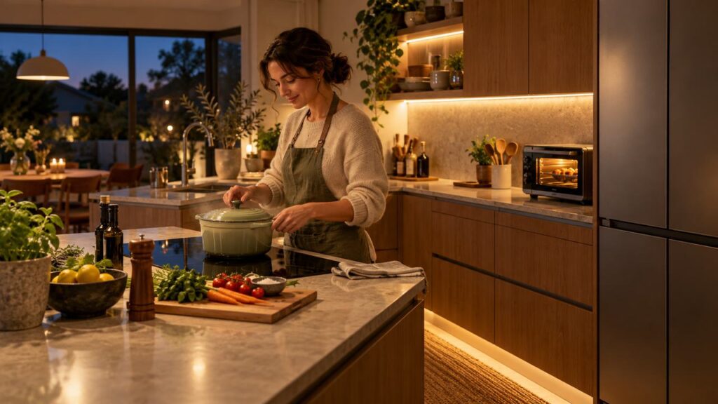 Cocina doméstica eficiente con equipos cerrados e iluminación necesaria