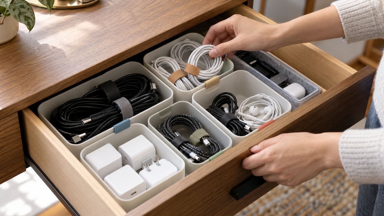 Cargadores y cables organizados en compartimentos de un cajón