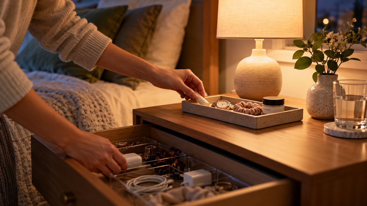 Mesita de noche organizada con bandeja y cajón