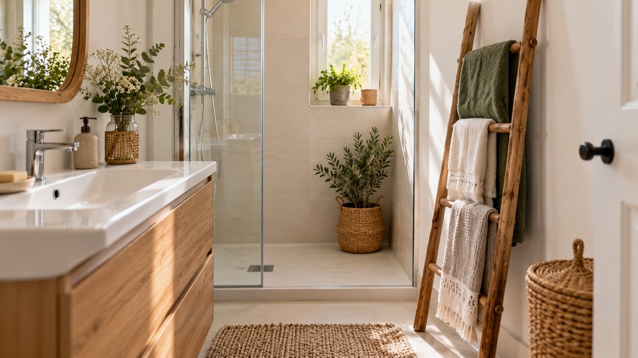 Escalera de madera utilizada como toallero en un baño luminoso