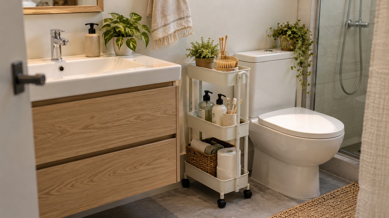 Carrito auxiliar estrecho con productos organizados junto al lavabo