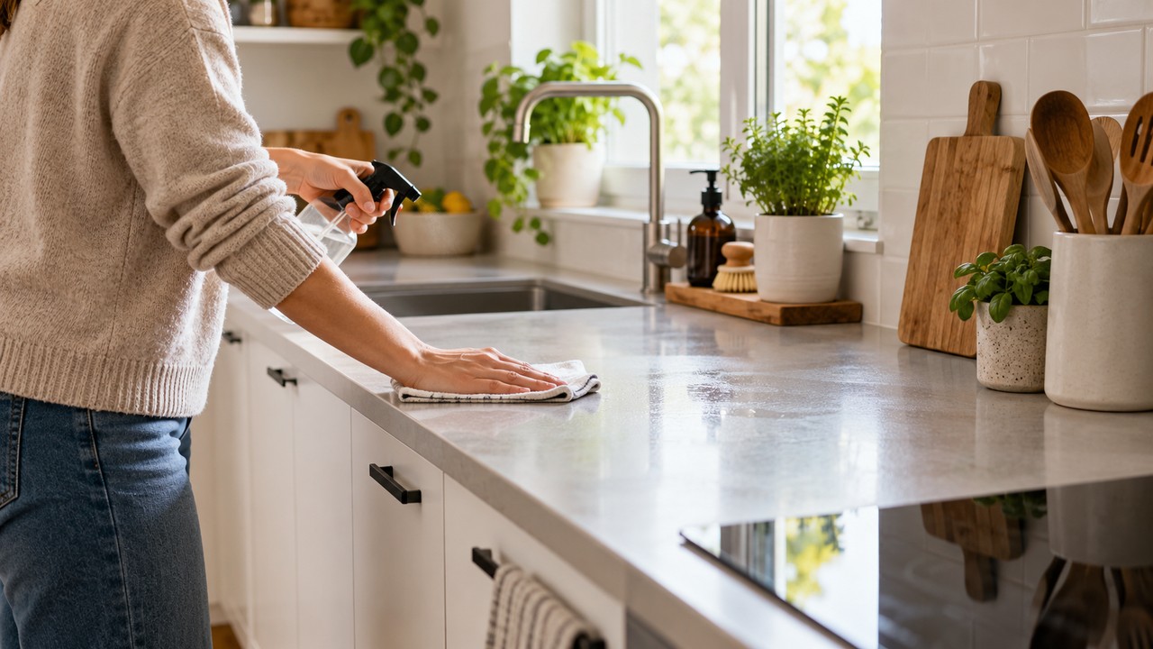 Limpieza diaria de la encimera de una cocina doméstica