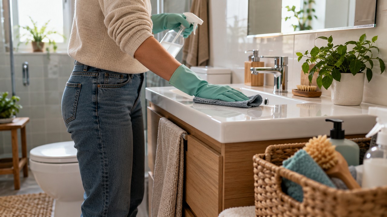 Productos agrupados para limpiar un baño de forma organizada