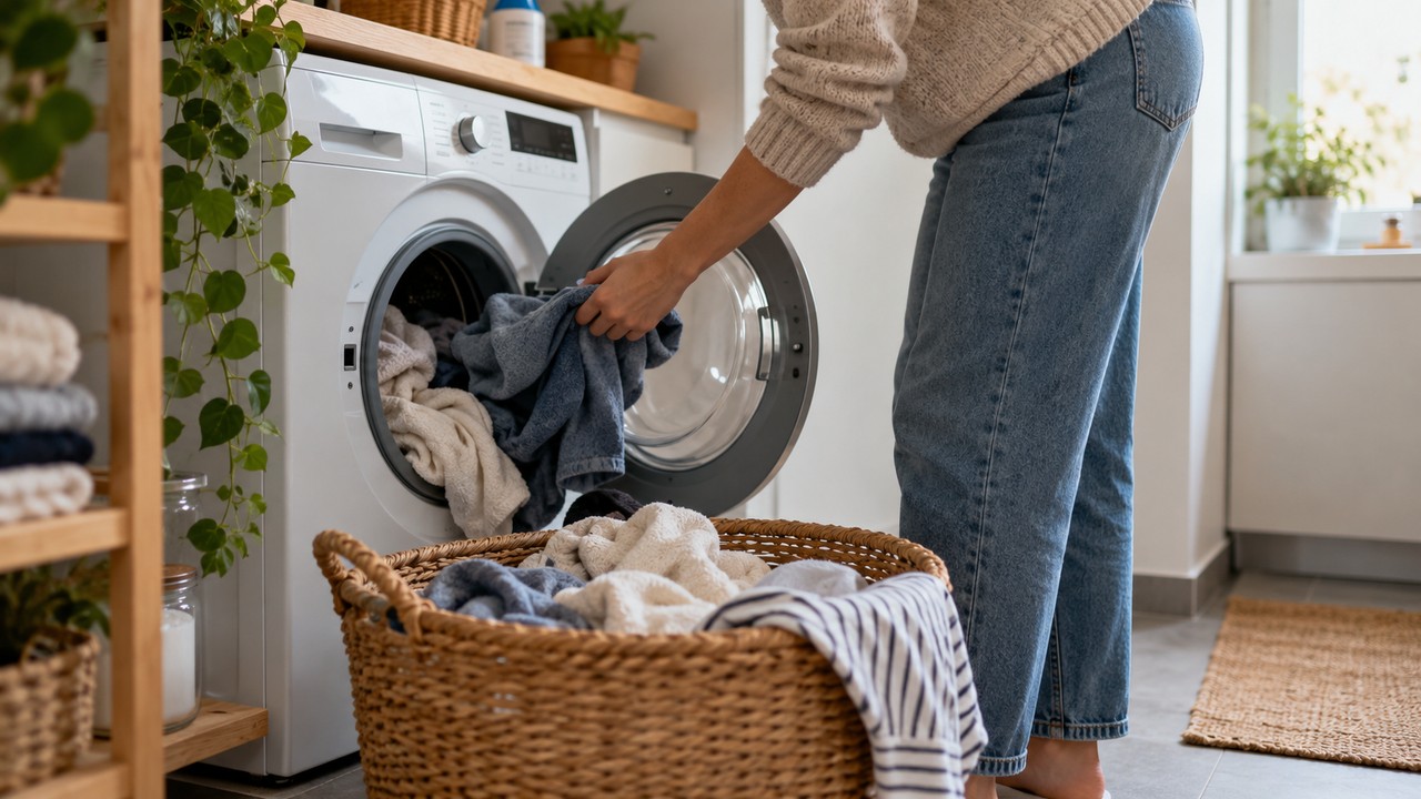 Lavandería compacta durante la organización de la ropa semanal
