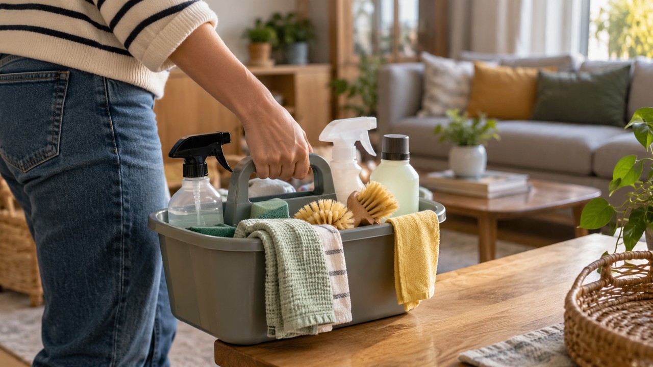 Cesta portátil con utensilios para limpiar distintas habitaciones